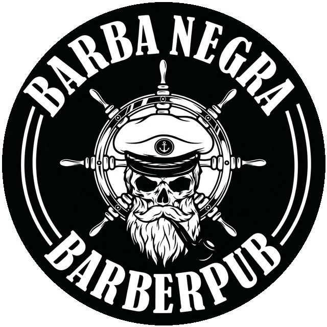 Brasão da Barba Negra: caveira de capitão com quepe e barba dentro de um leme, com BARBA NEGRA em cima e BARBERPUB embaixo
